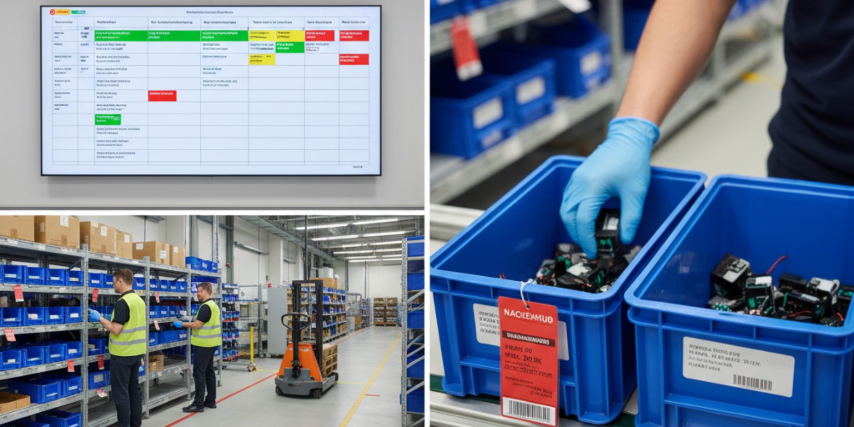 A Kanban board with color-coded tasks and status indicators that visualizes the workflow in a warehouse or production environment. Next to it, blue containers of material can be seen in a modern warehouse, with a worker filling a container with electronic components that carries a red Kanban signal for replenishment. In the background, more storage shelves and a forklift can be seen.